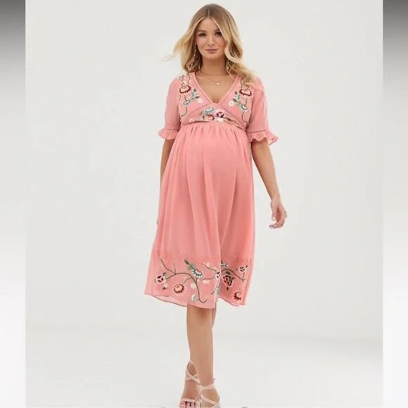 ASOS Maternity embroidered Pink Midi Dress - Picture 2 of 10